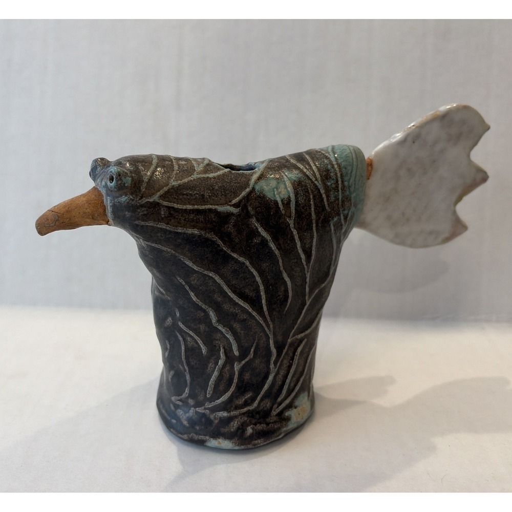 Studio Art Pottery Bird Sculpture Handmade Ceramic Figurine Sgraffito Folk Art
